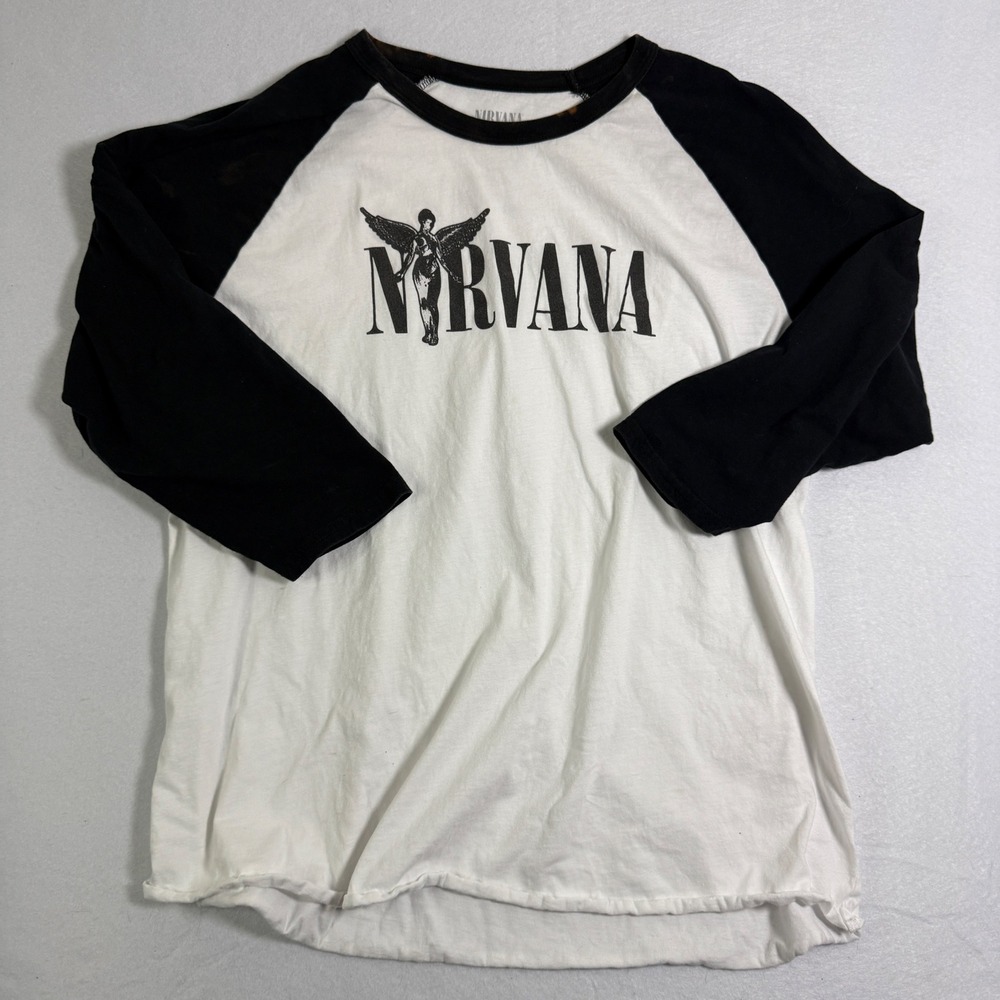 Nirvana In Utero Baseball Tee 2XL White Black 3/4 Sleeve Distressed Bleach